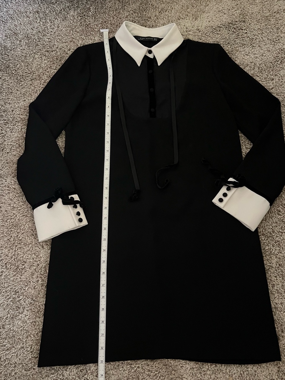 Zara women’s Black Shift Dress with White Collar & Cuffs